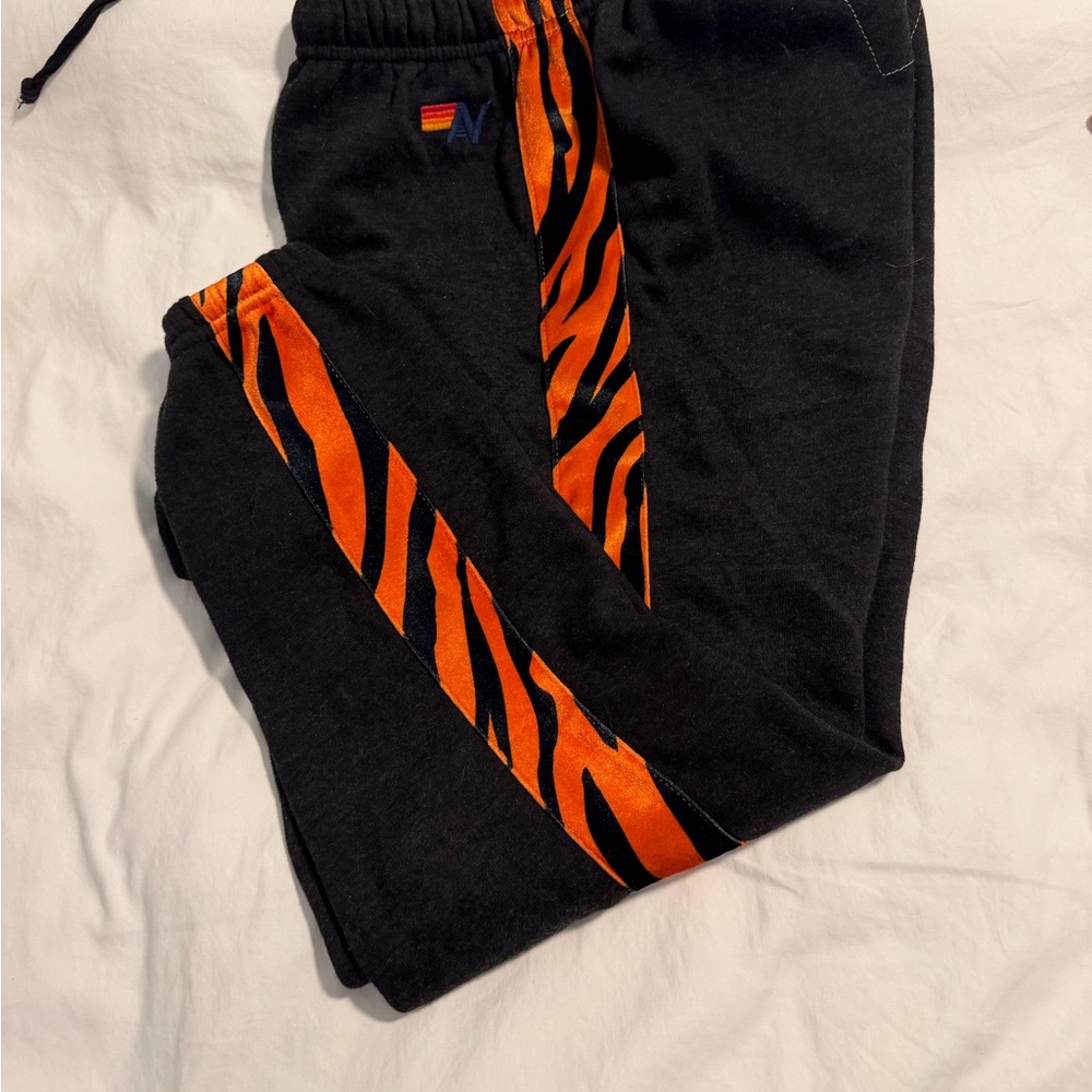 Aviator Nation Black Sweatpants with Orange Tiger Stripe Accent